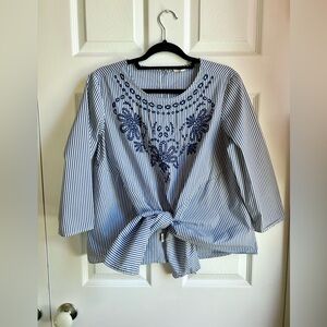 Unique Striped and Embroidered Tie- Blouse - Grand & Greene - M